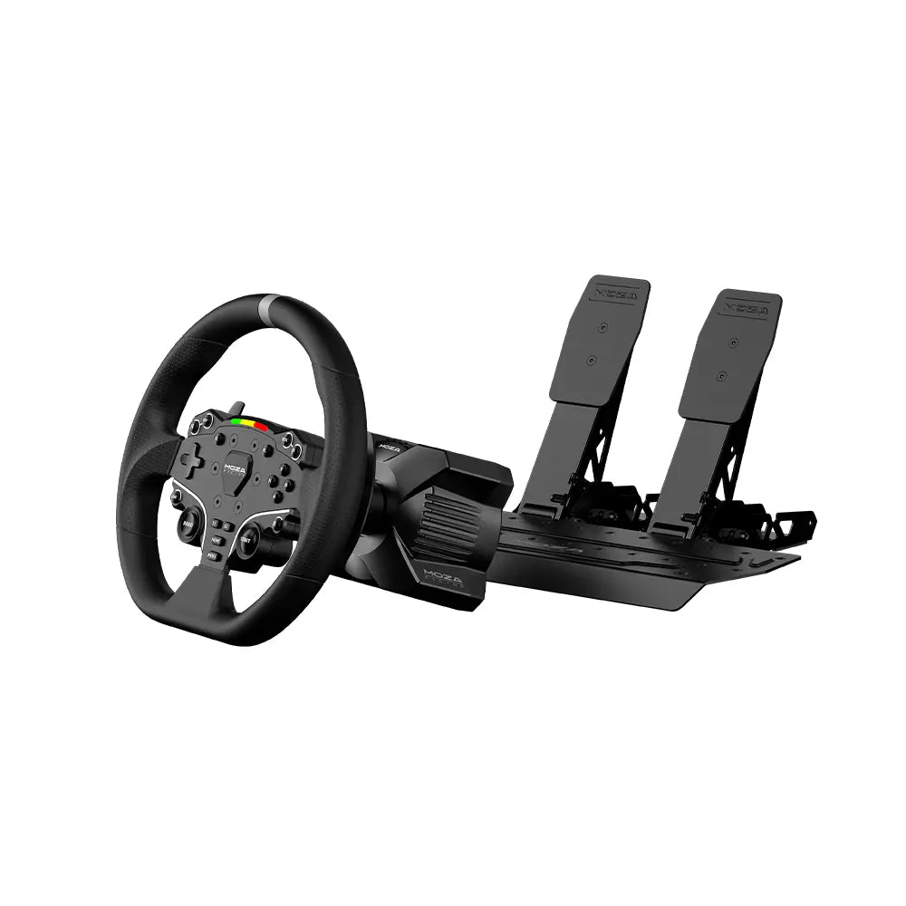 MOZA R3 PC bundle wheelbase and pedals angle view