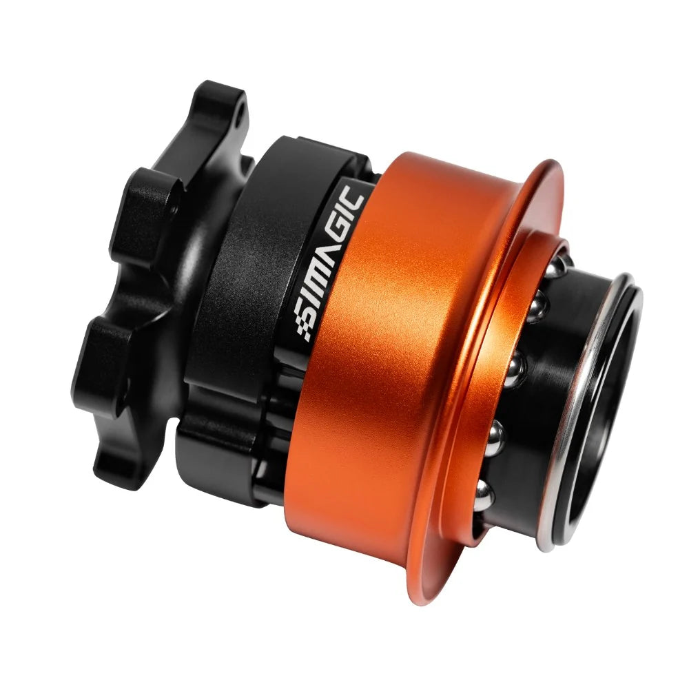 Simagic QR-A quick release adapter showing orange aluminium base and black mechanism