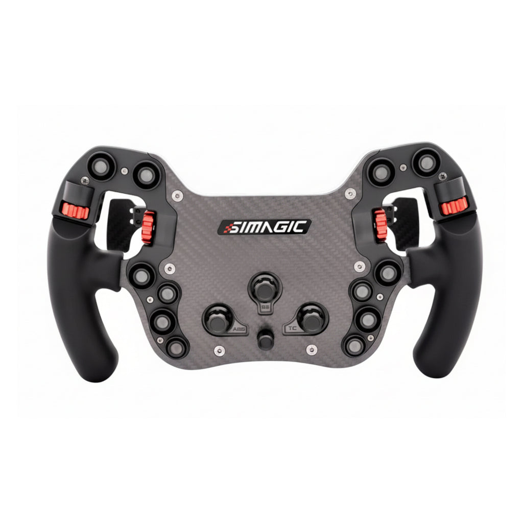 Simagic FX-C carbon sim racing steering wheel front view showing carbon fibre face and controls