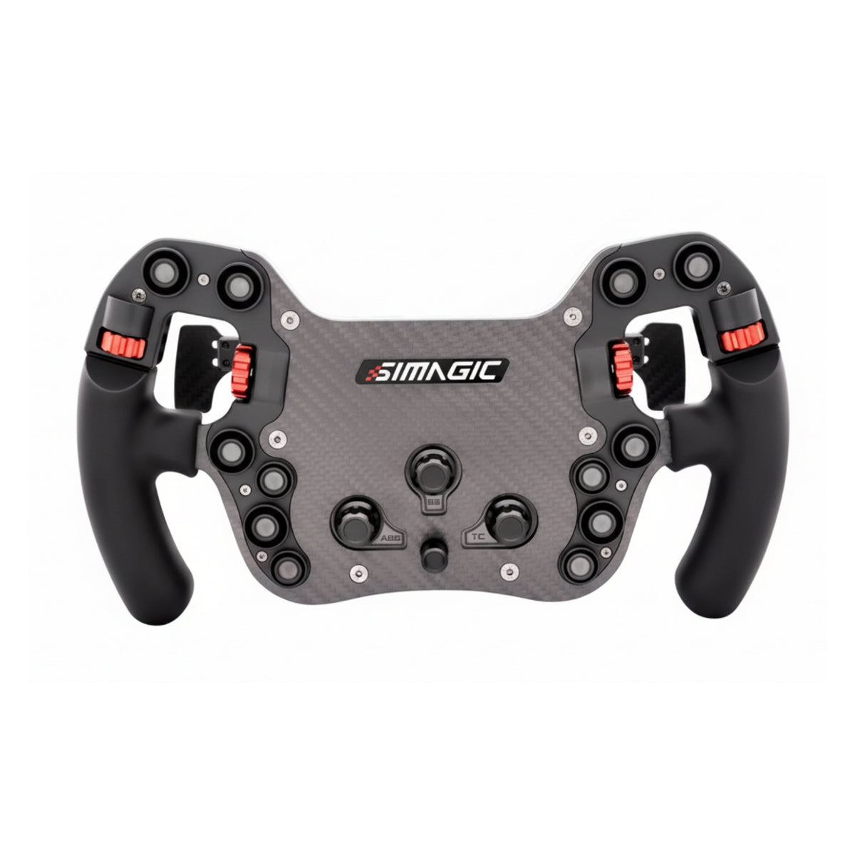 Simagic FX-C carbon sim racing steering wheel front view showing carbon fibre face and controls