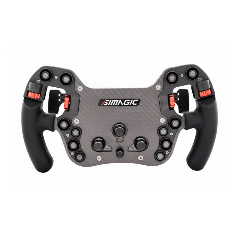 Simagic FX-C carbon sim racing steering wheel front view showing carbon fibre face and controls