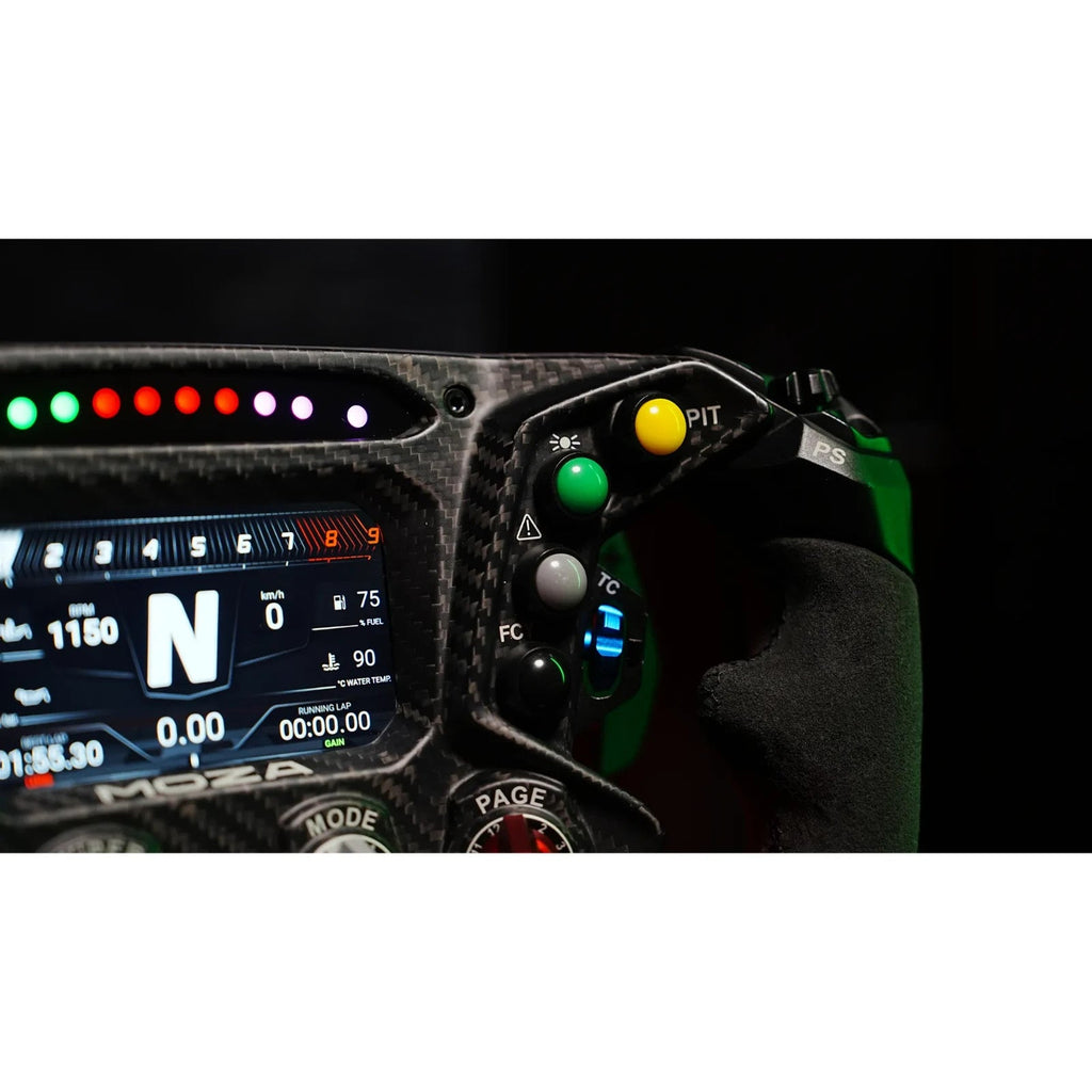 MOZA Lamborghini Squadra wheel display screen and controls closeup