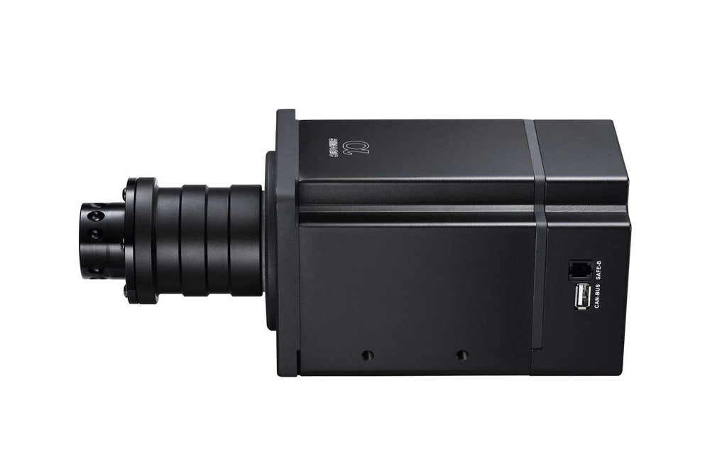 Simagic Alpha 15Nm wheelbase angled view showing rear ports and Simagic branding on housing