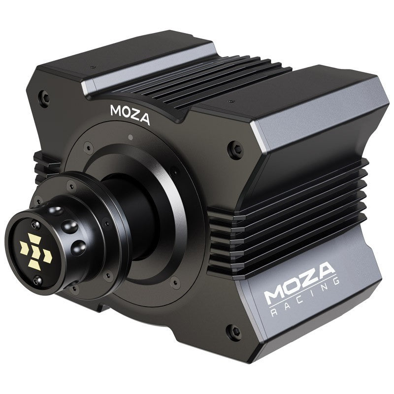 MOZA R5 direct drive wheel base close-up showing motor and ports
