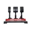 Simagic P1000 3-pedal load cell set front view with throttle brake and clutch on red base