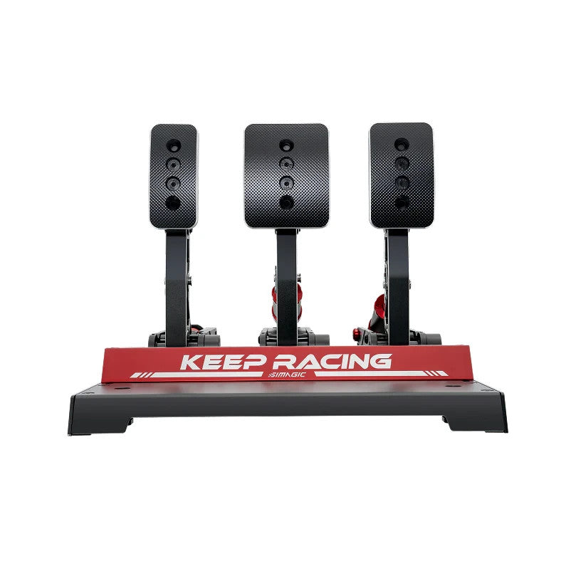 Simagic P1000 3-pedal load cell set front view with throttle brake and clutch on red base