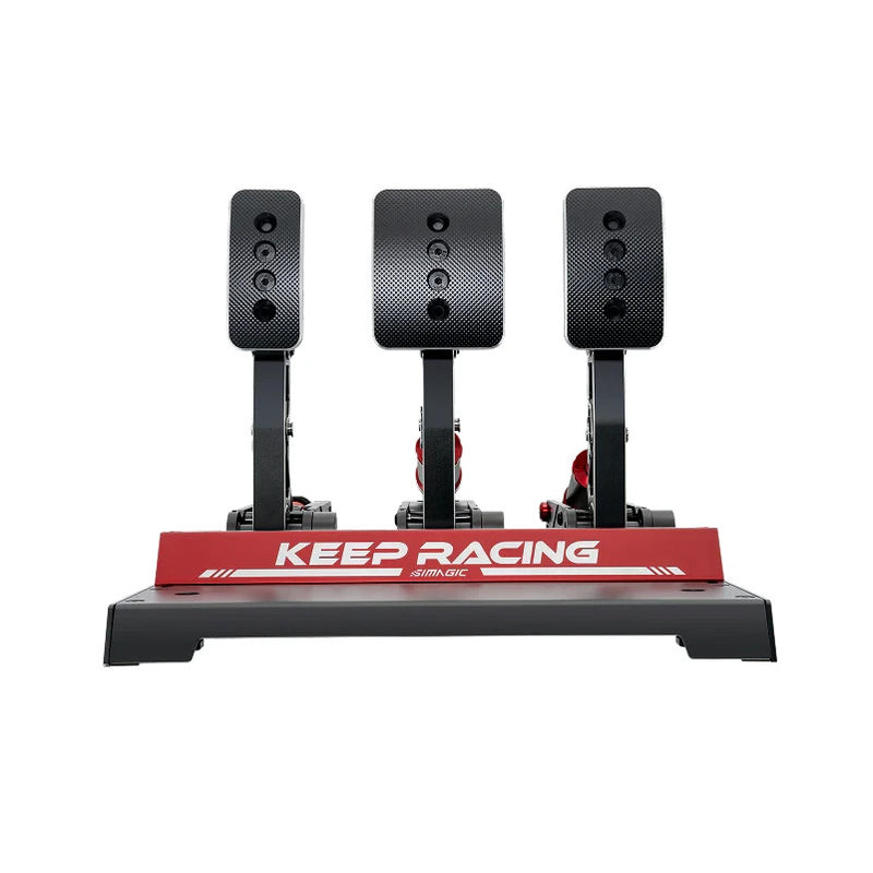 Simagic P1000 3-pedal load cell set front view with throttle brake and clutch on red base