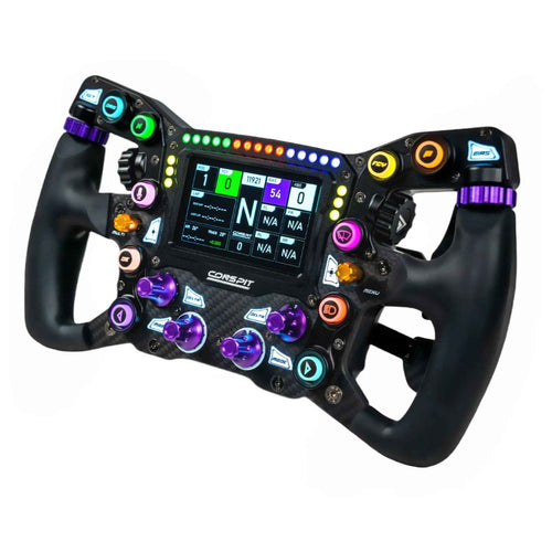 Conspit MAX01 formula wheel angled view showing paddle shifters and carbon fibre construction