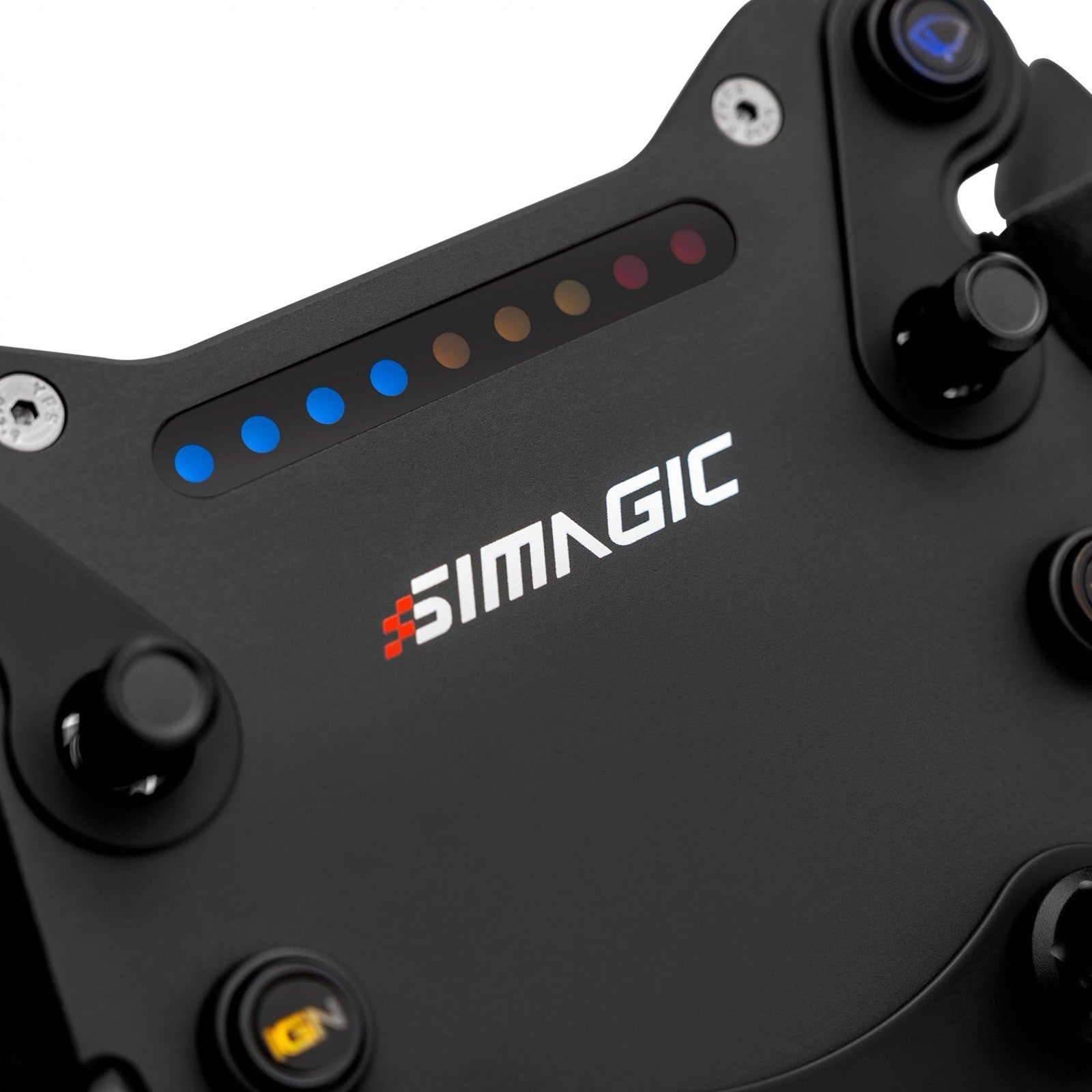 Simagic GTS Alcantara wheel close-up showing button layout and Simagic branding on face plate