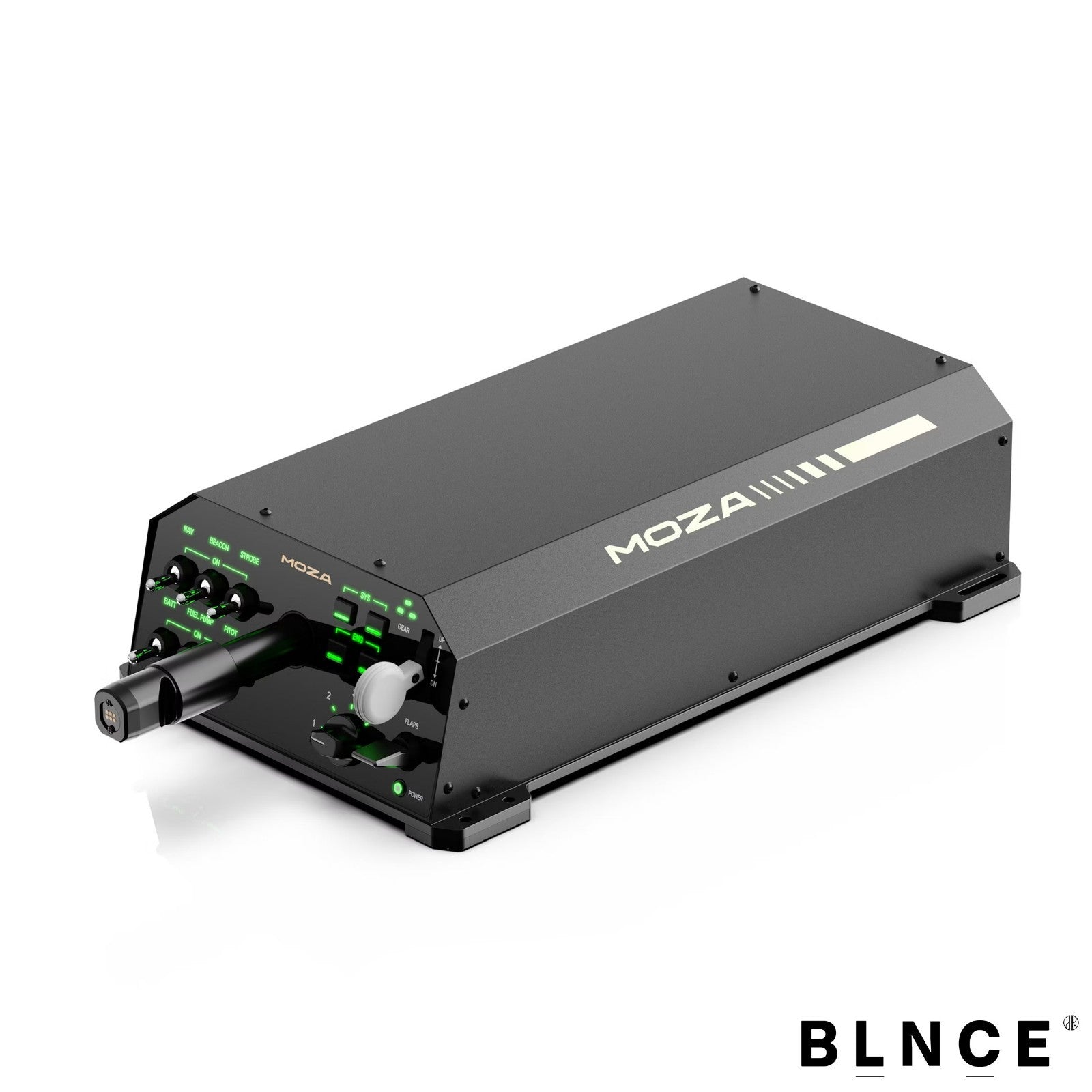 MOZA AY210 force feedback flight yoke base angled view showing MOZA branding and yoke shaft connector