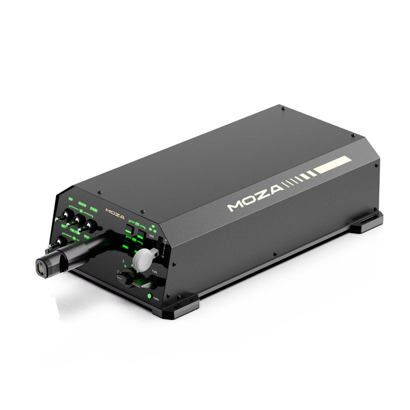 MOZA AY210 force feedback flight yoke base angled view showing MOZA branding and yoke shaft connector