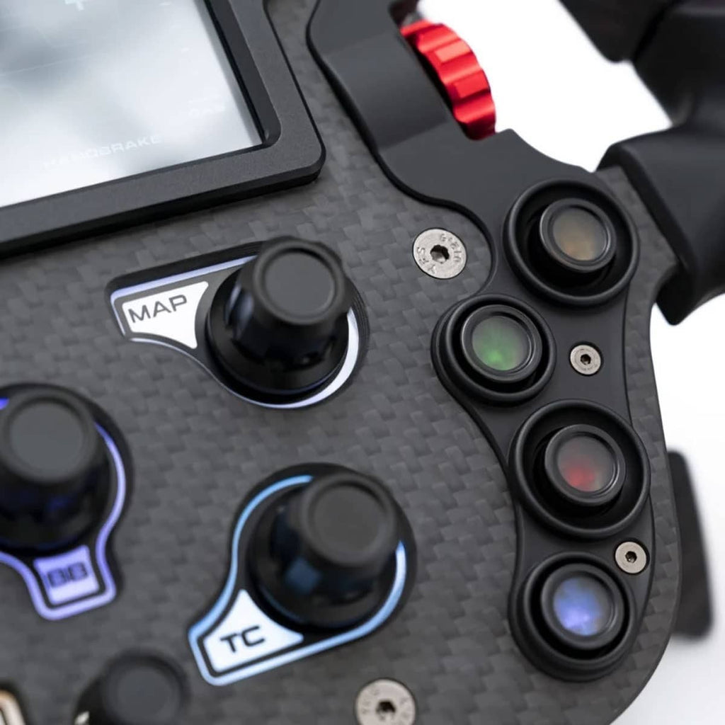 Simagic FX Pro racing wheel side profile view with carbon grips