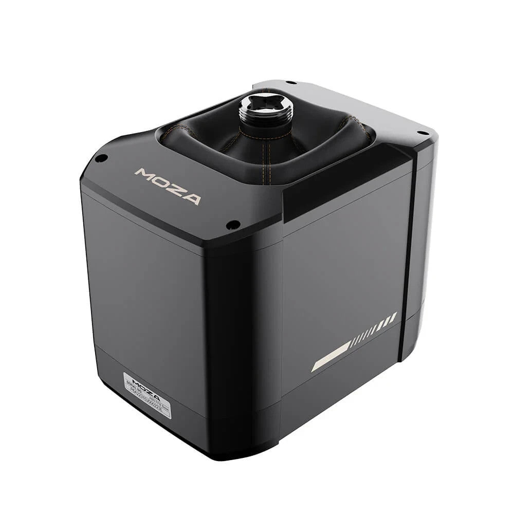 MOZA AB9 force feedback base angled view showing compact square design with QR connector on top