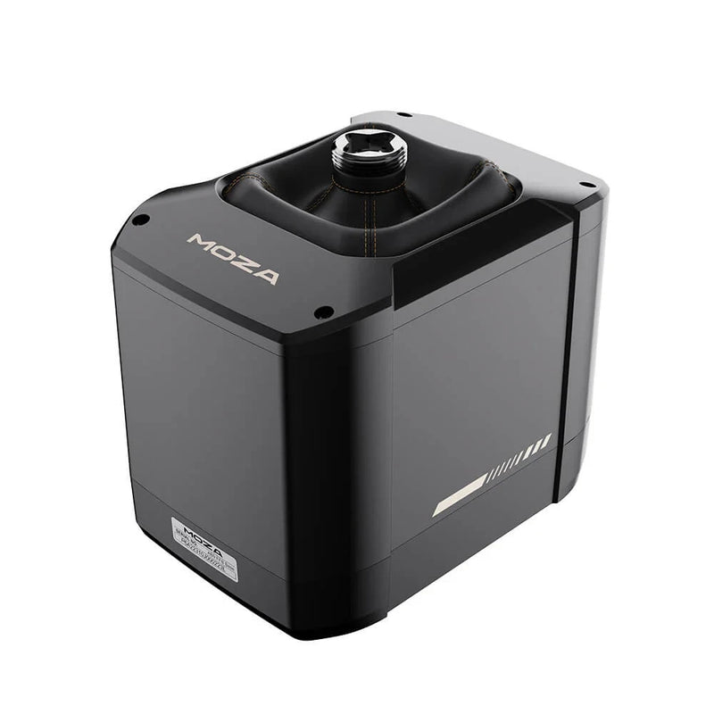 MOZA AB9 force feedback base angled view showing compact square design with QR connector on top