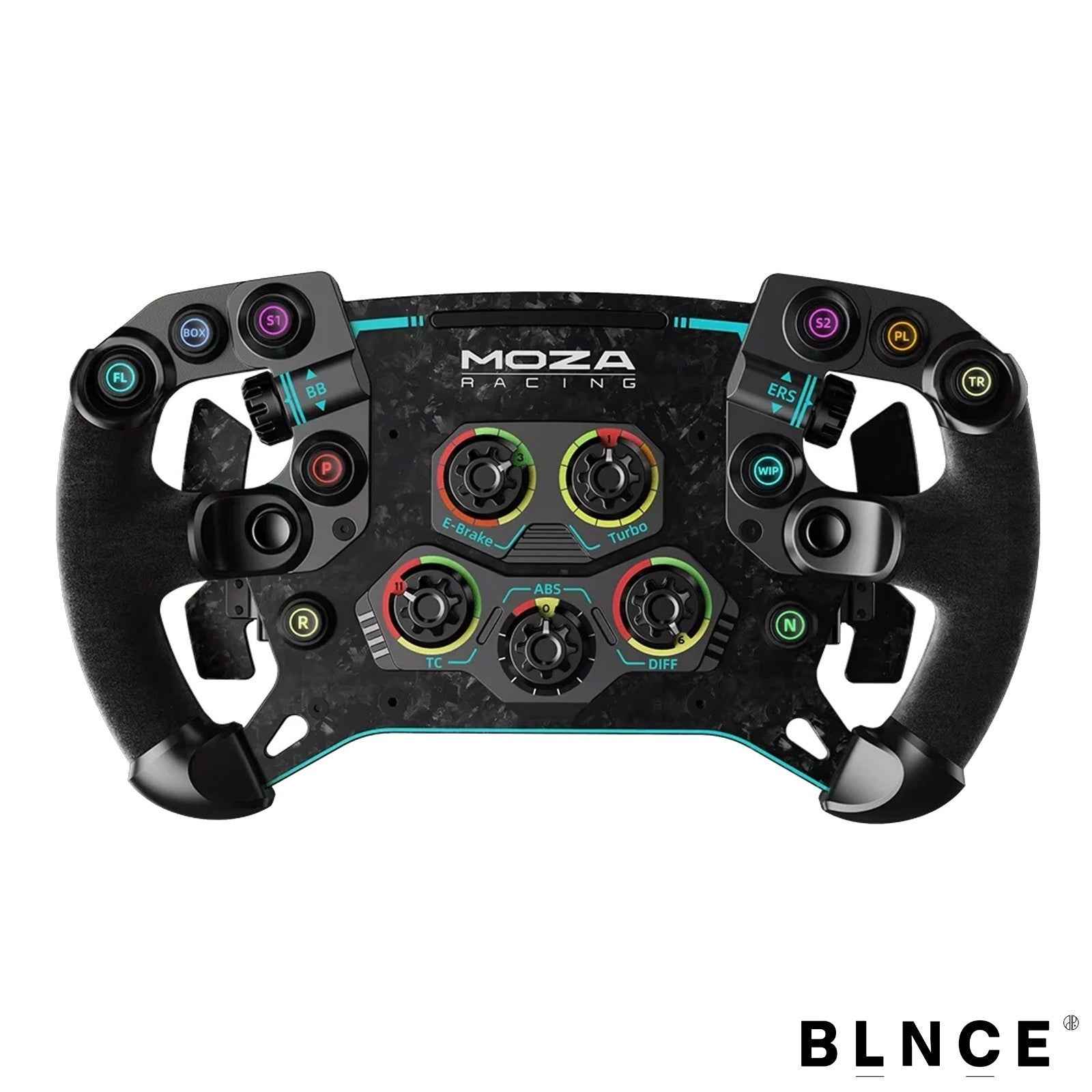 MOZA GS V2P GT sim racing steering wheel front view showing alcantara grip and button layout