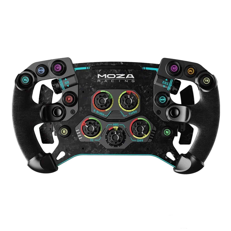 MOZA GS V2P GT sim racing steering wheel front view showing alcantara grip and button layout