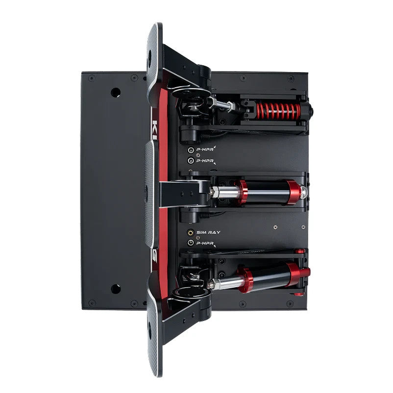 Simagic P1000 pedal set internal mechanism showing load cell hydraulic springs and adjustment components