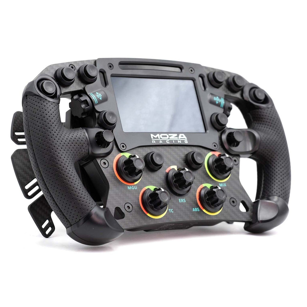 MOZA FSR2 formula wheel rear showing paddle shifters and button layout