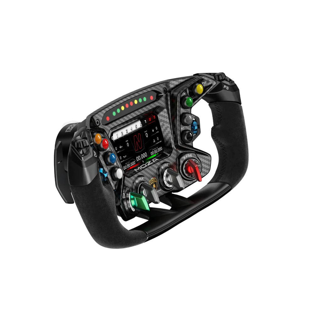 MOZA Lamborghini Squadra sim racing wheel angled view with Lamborghini branding