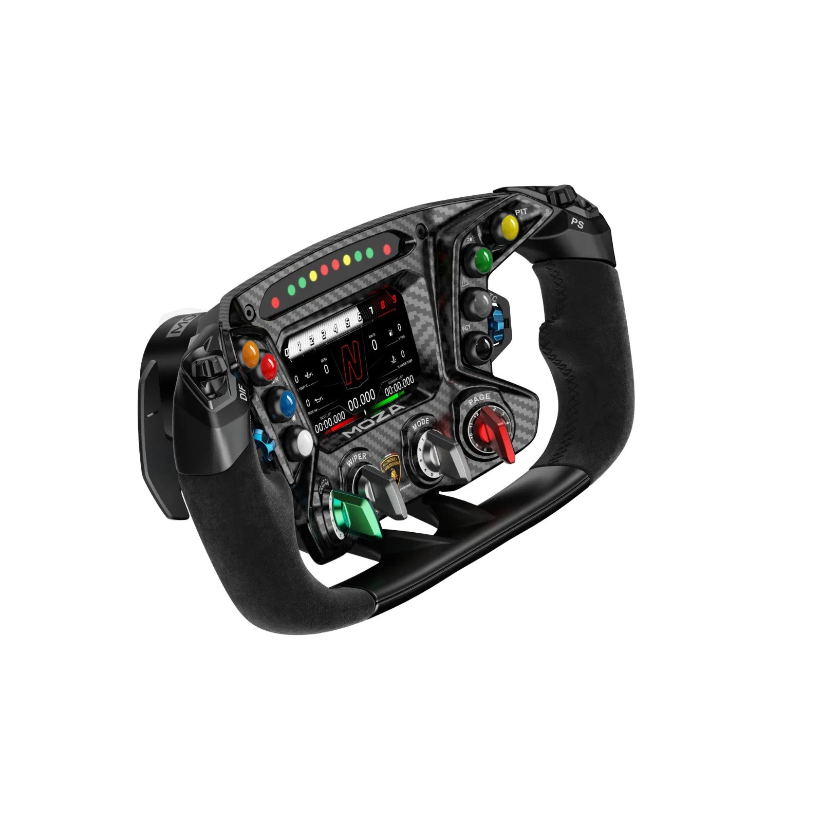 MOZA Lamborghini Squadra sim racing wheel angled view with Lamborghini branding