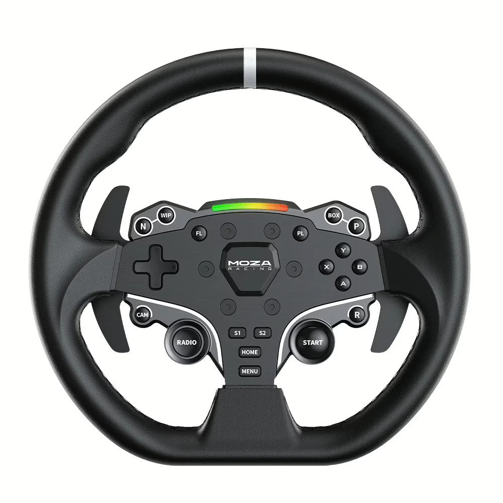 MOZA ES sim racing steering wheel front view with paddle shifters and LED rev indicator bar