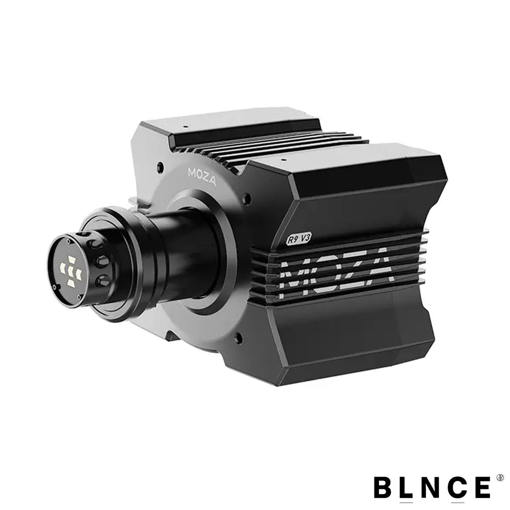 MOZA R9 V3 direct drive sim racing wheelbase angled view showing heat fins and QR connector