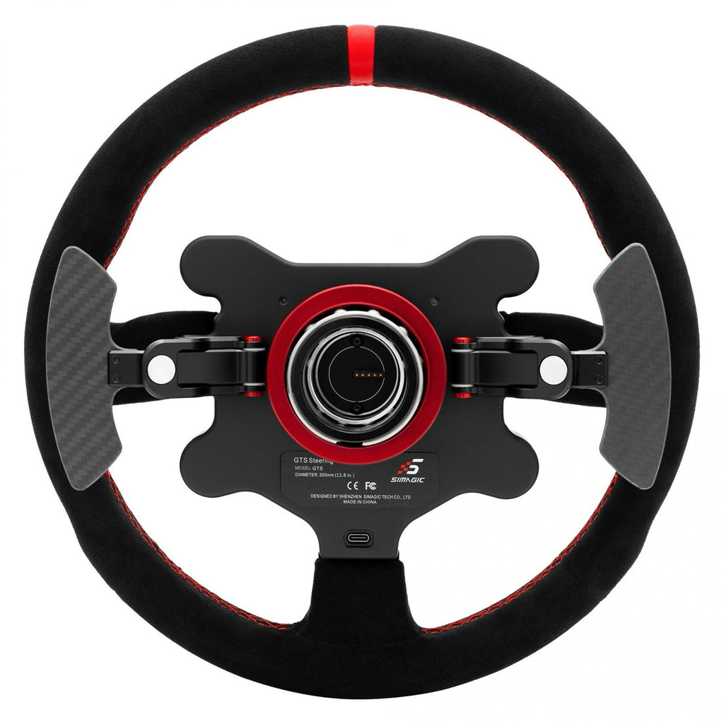 Simagic GTS Alcantara wheel angled view showing paddle shifters and premium alcantara grip texture