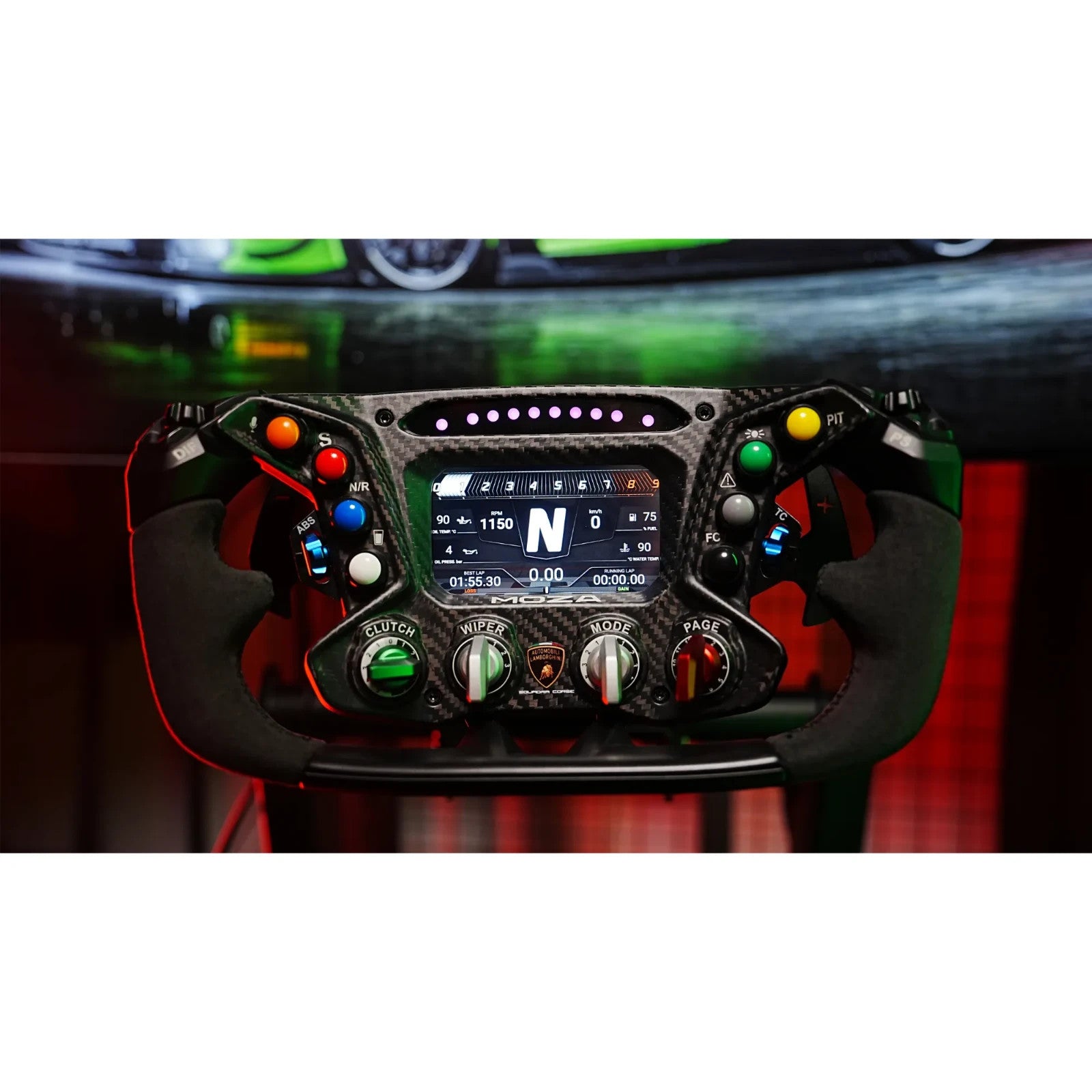MOZA Lamborghini Squadra sim racing wheel in action with Lamborghini race car lighting