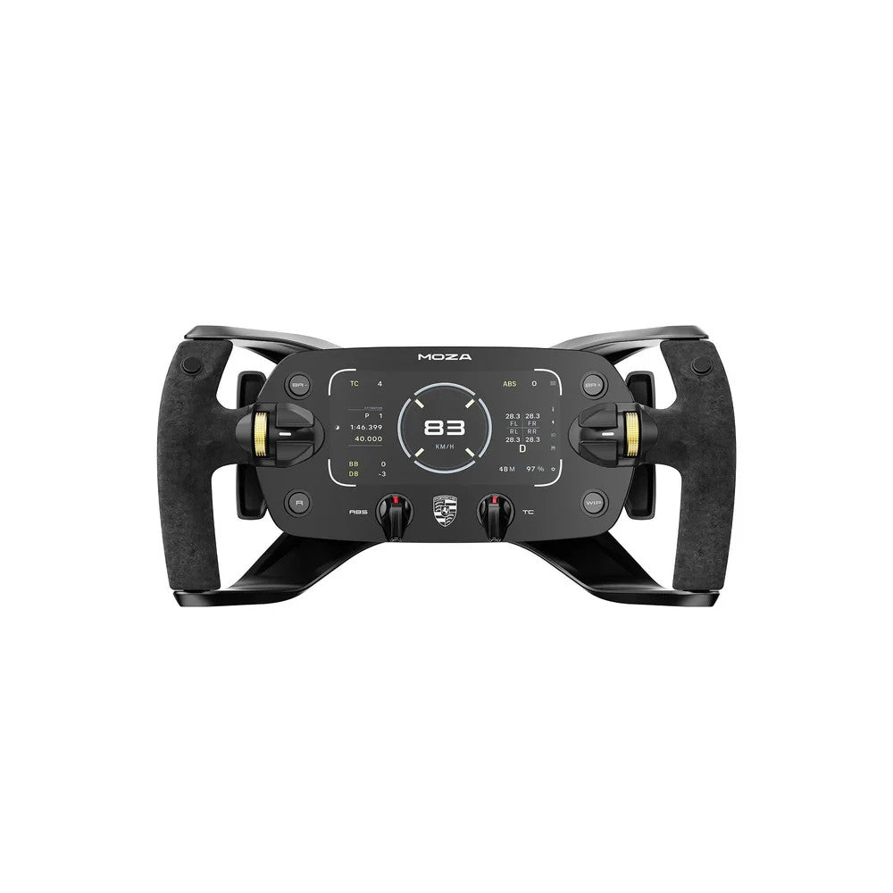 MOZA Porsche Mission R sim racing wheel front-facing view with central digital display and Porsche logo