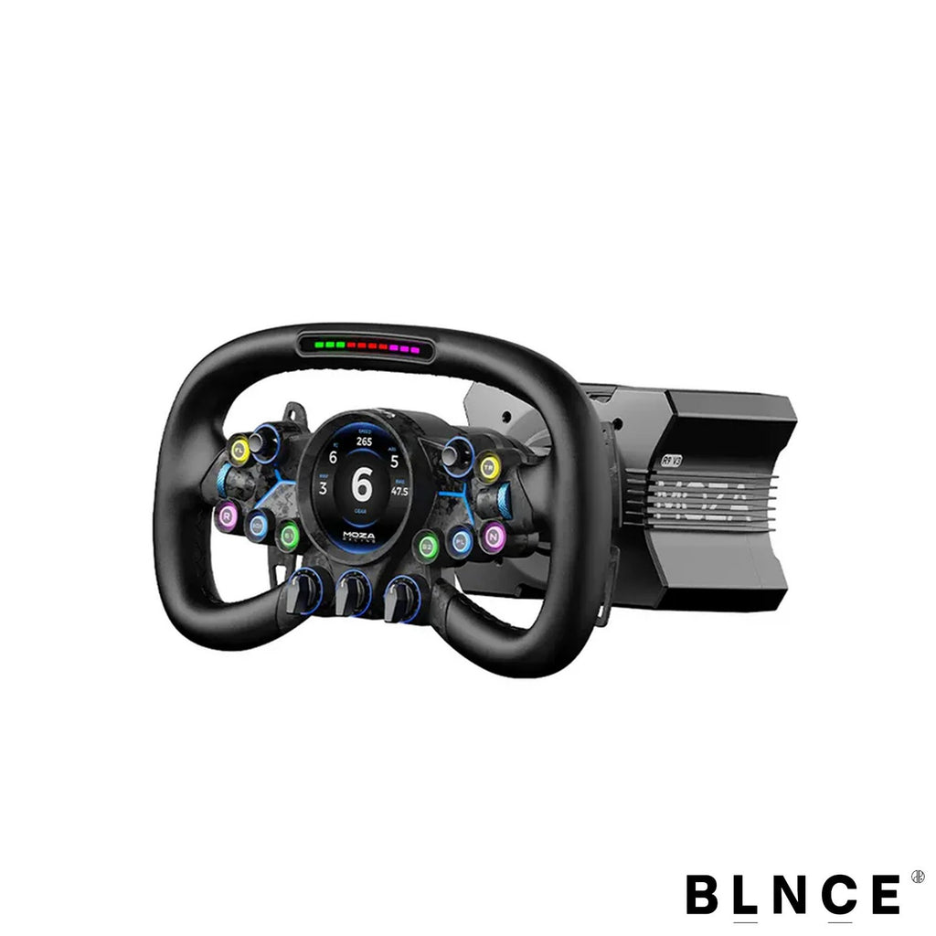 MOZA R9 V3 direct drive wheelbase with Vision GS steering wheel showing RGB display and controls