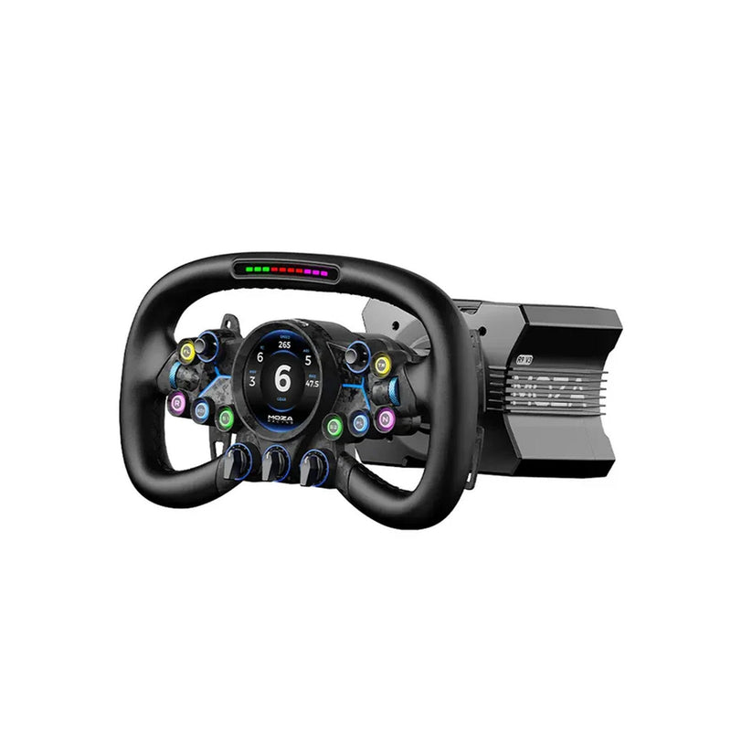 MOZA R9 V3 direct drive wheelbase with Vision GS steering wheel showing RGB display and controls