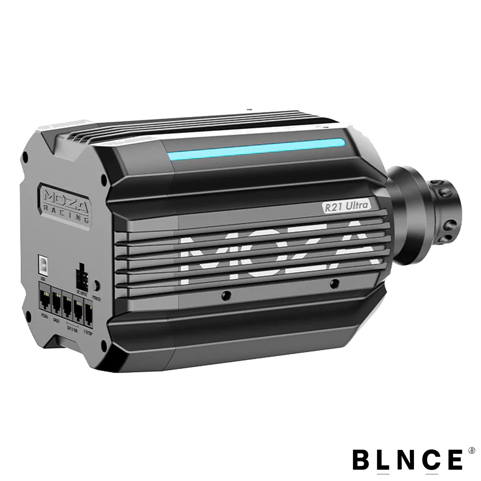 MOZA R21 21Nm sim racing wheel base with steering wheel attached on rig