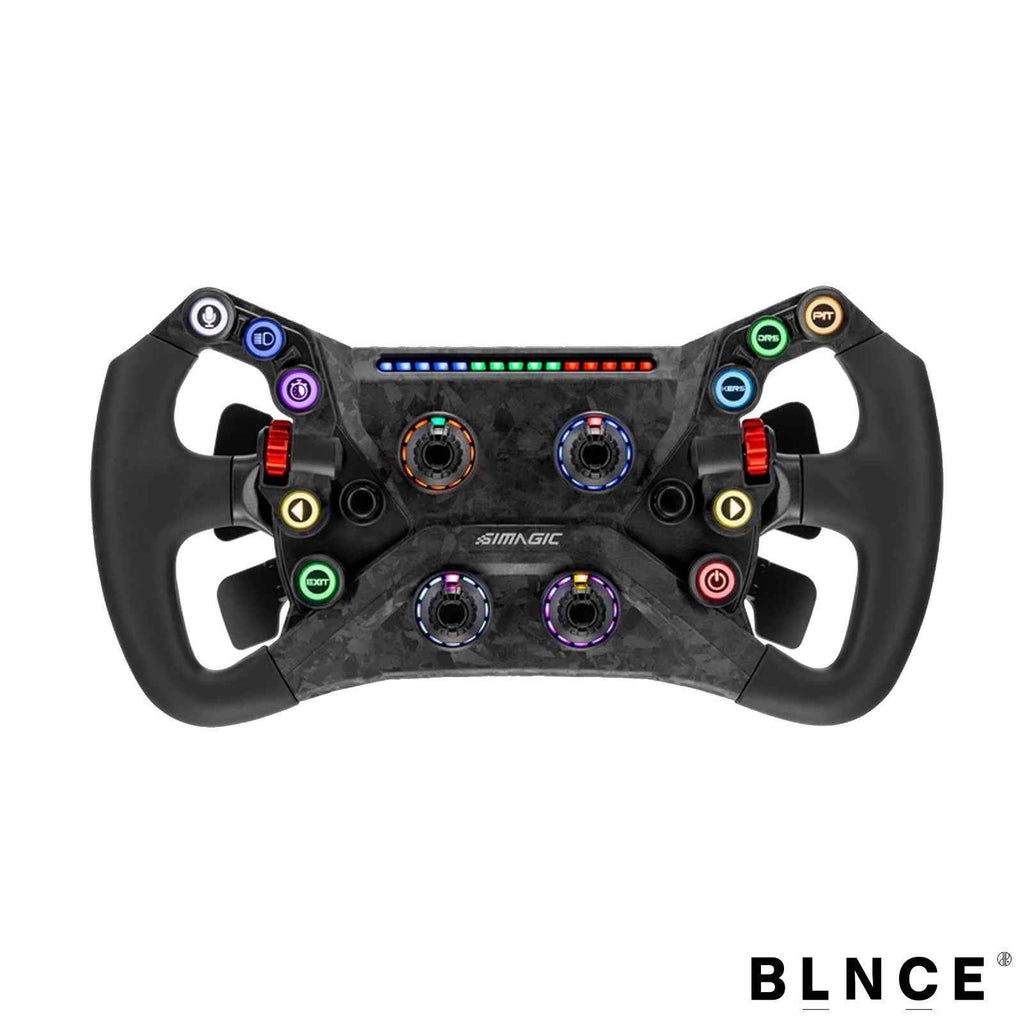 Simagic GT Neo sim racing steering wheel front view showing GT-style grip and button layout