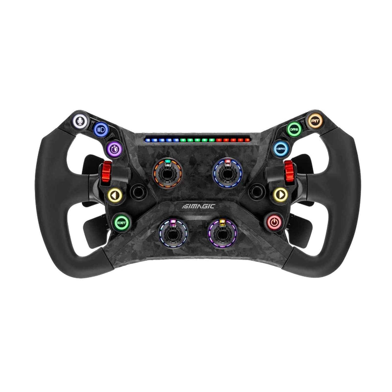Simagic GT Neo sim racing steering wheel front view showing GT-style grip and button layout