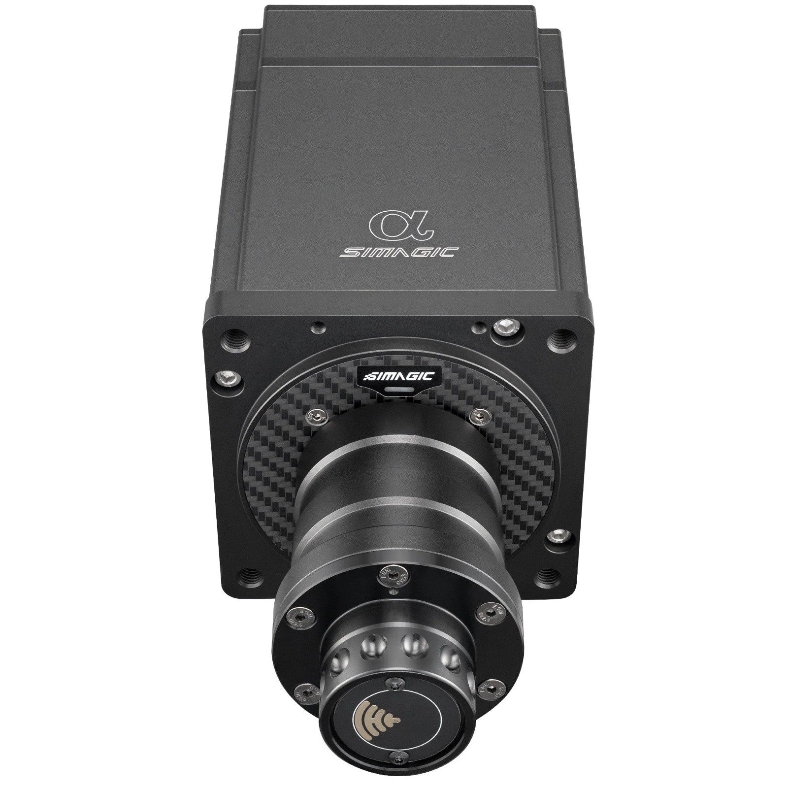 Simagic Alpha 15Nm direct drive wheel base front view for sim racing