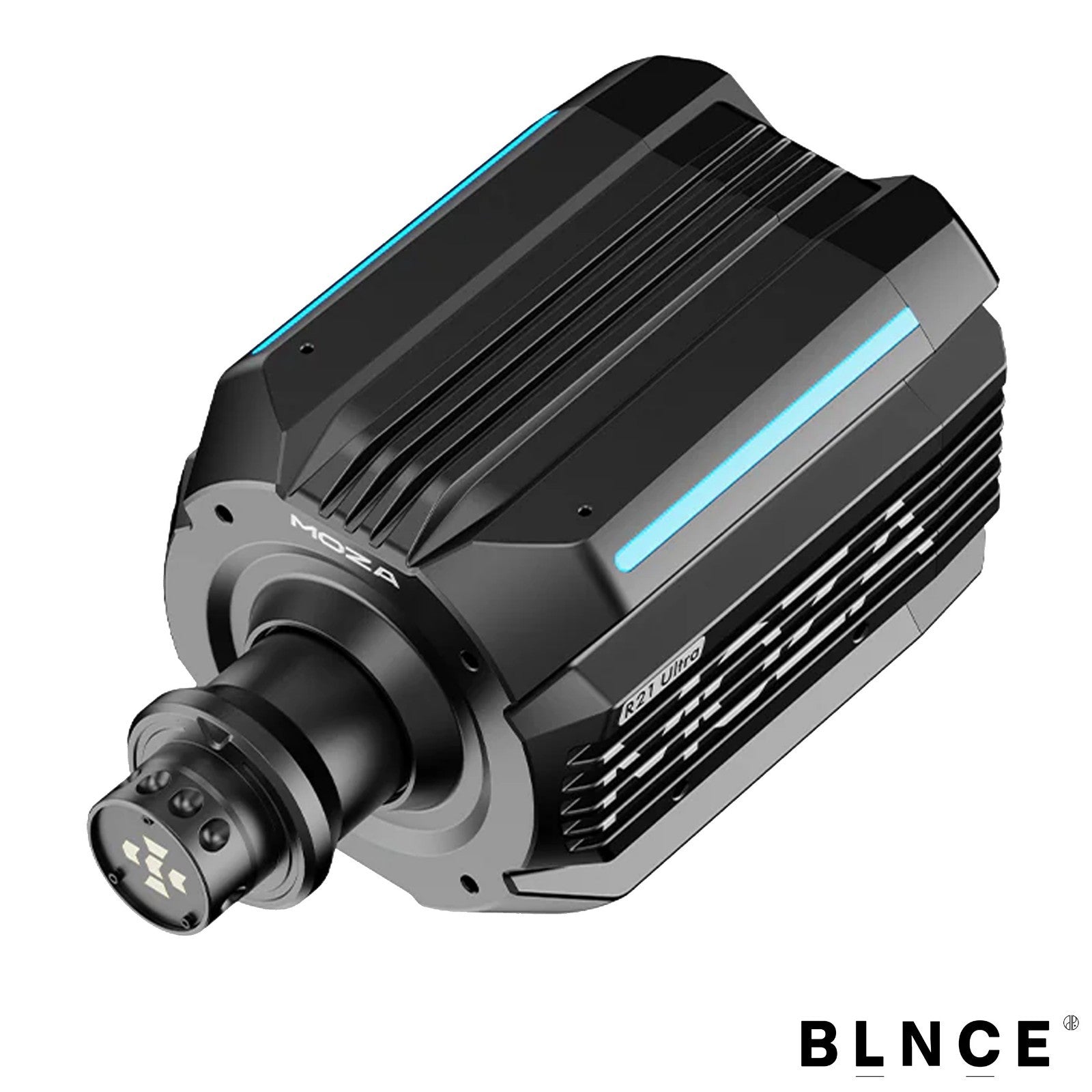 MOZA R21 direct drive base side profile showing motor and chassis