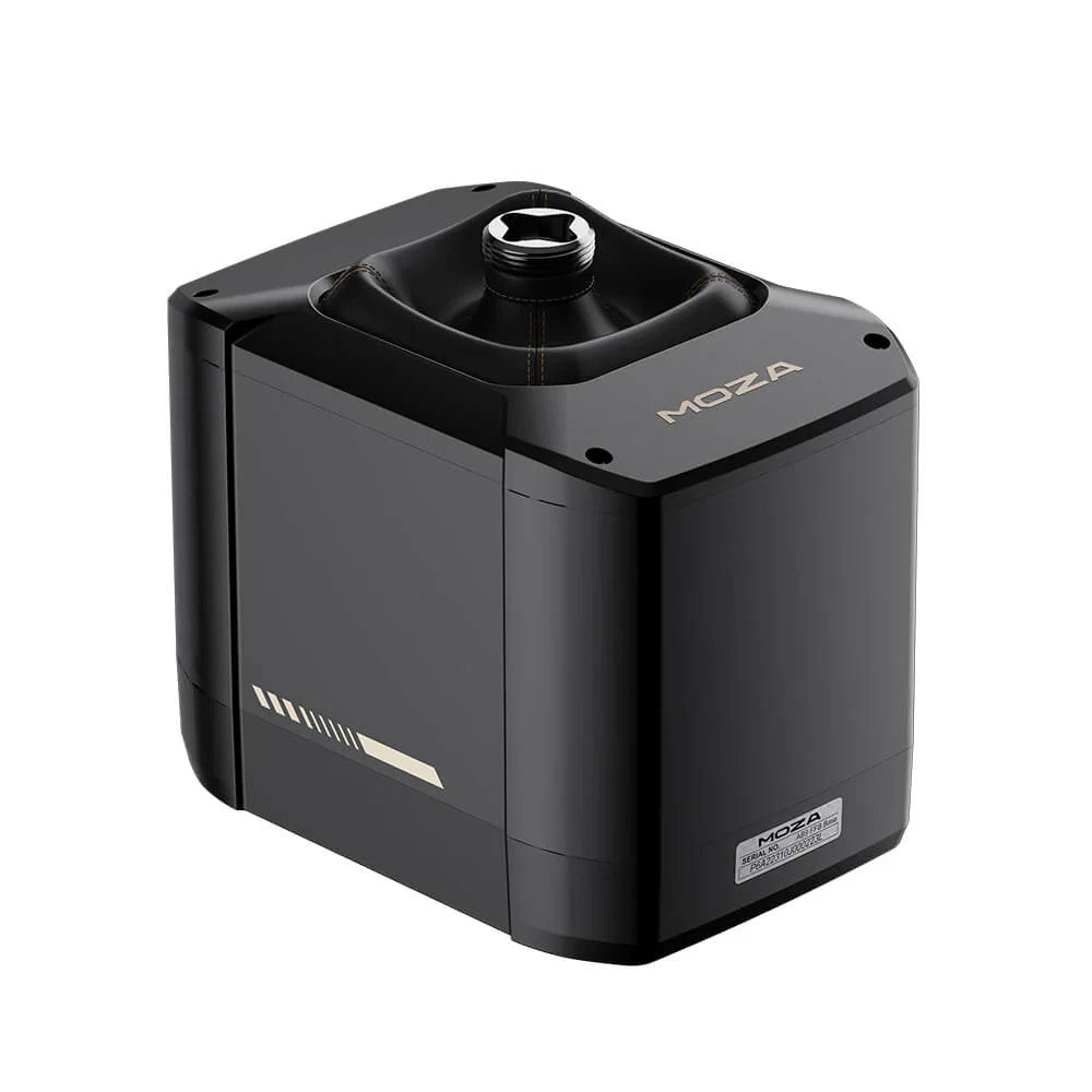 MOZA AB9 force feedback base side angled view showing compact design and MOZA branding