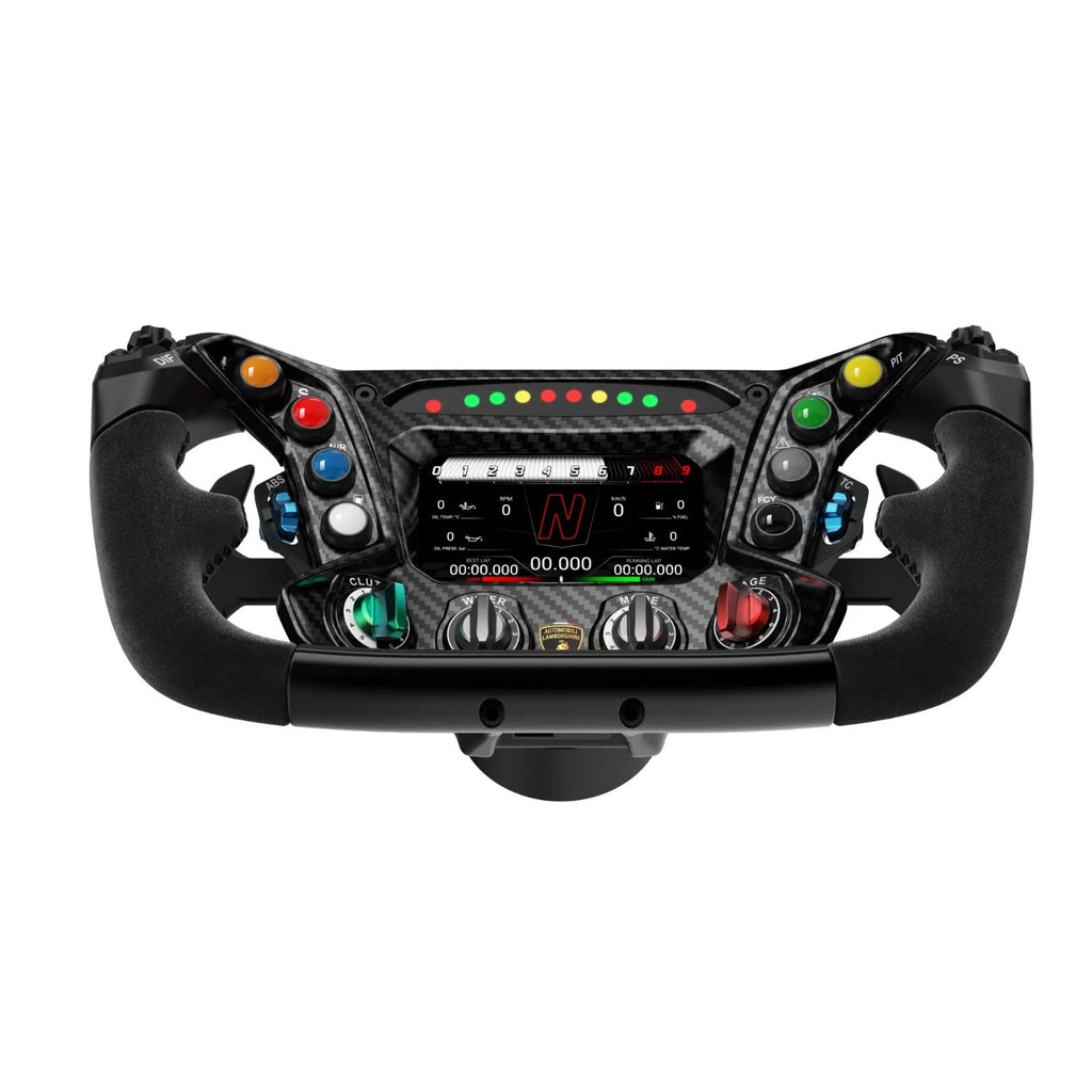MOZA Lamborghini Squadra sim racing wheel face on with integrated display