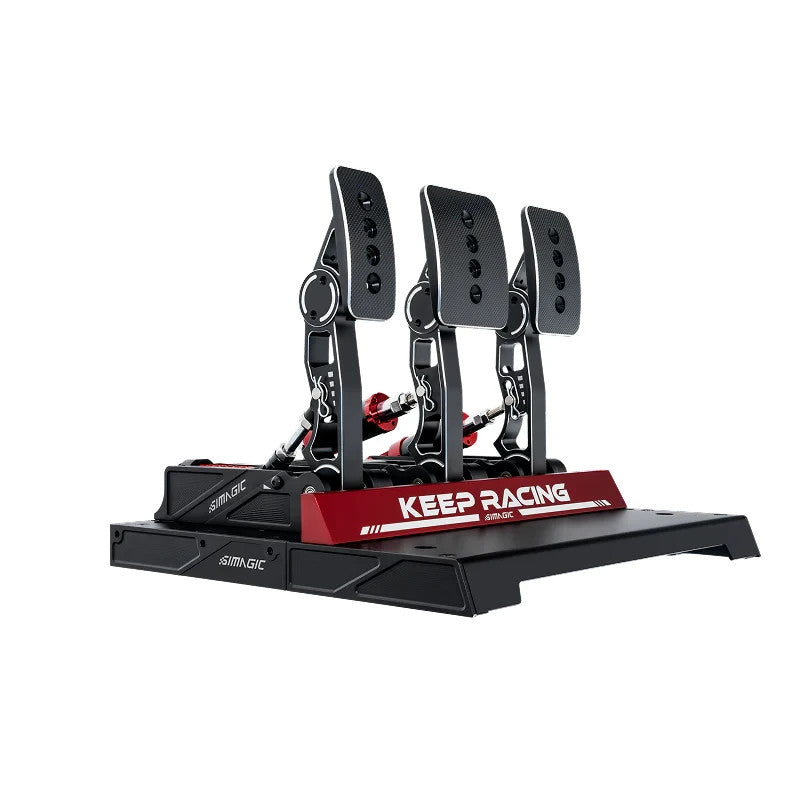 Simagic P1000 3-pedal set diagonal view showing KEEP RACING red base and load cell assembly