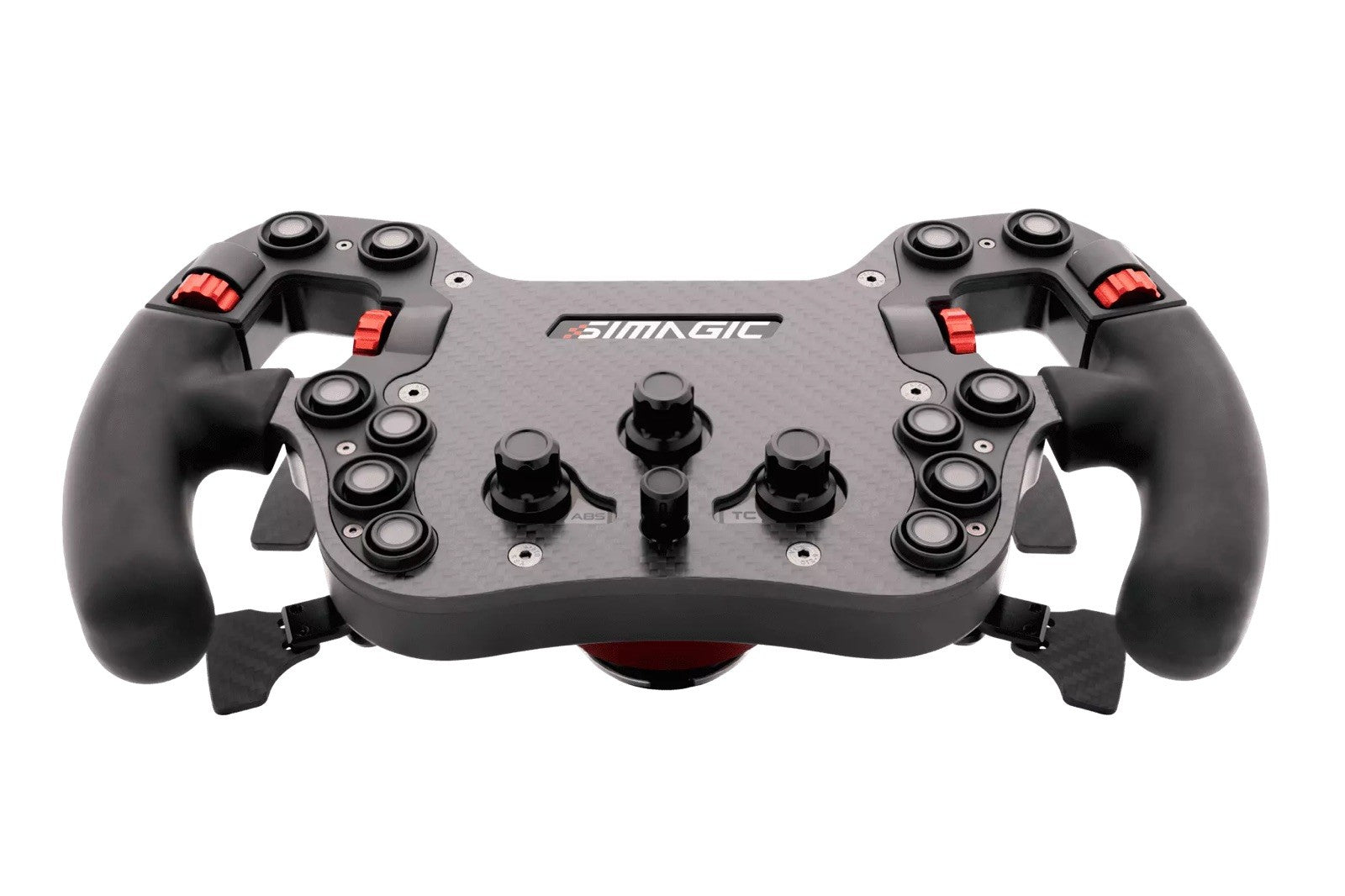 Simagic FX-C carbon steering wheel rear view showing mounting hub and quick-release system