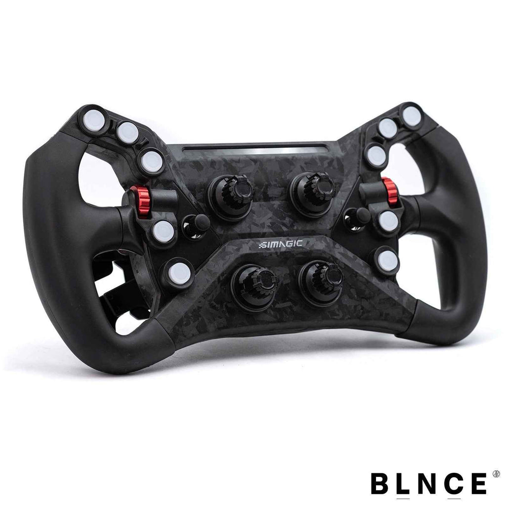 Simagic GT Neo steering wheel angled side view showing paddle shifters and Simagic branding