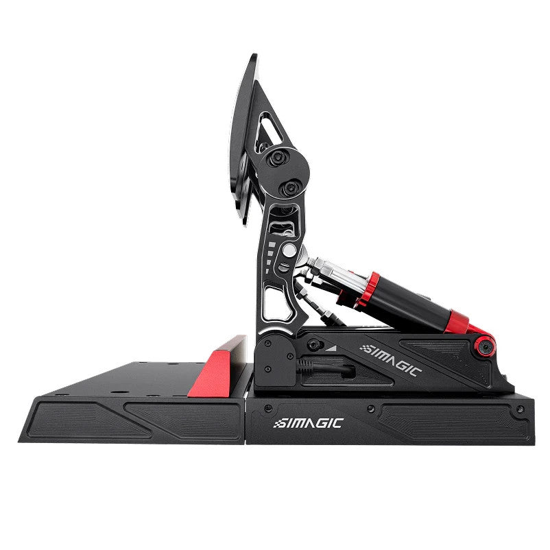 Simagic P1000 brake pedal side view showing load cell mechanism with red spring assembly