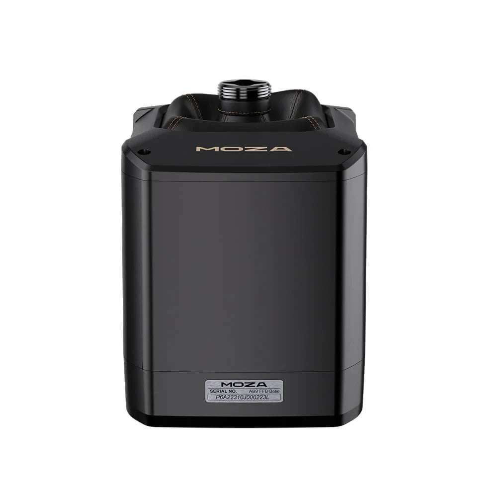 MOZA AB9 force feedback base front view showing QR quick-release connector and aluminium housing