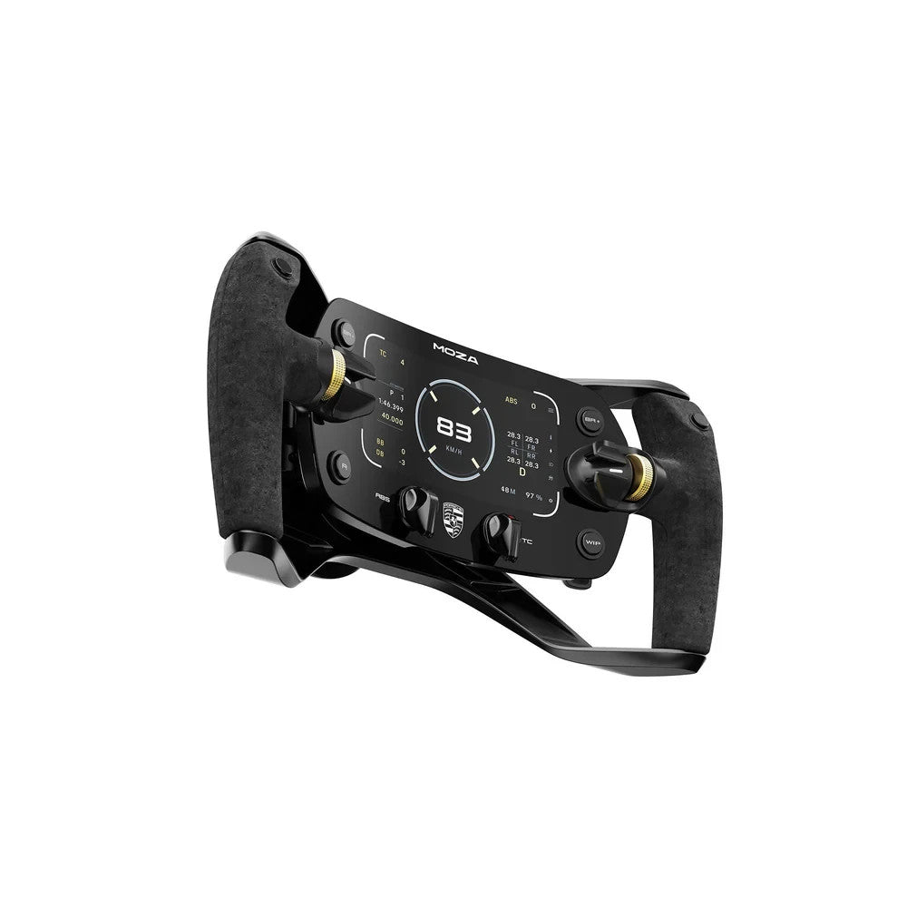 MOZA Porsche Mission R sim racing wheel diagonal view showing digital display and alcantara grips
