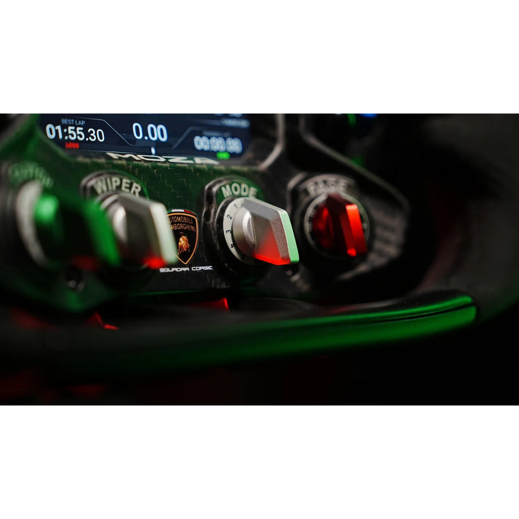 MOZA Lamborghini Squadra Corse wheel logo and rotary controls closeup