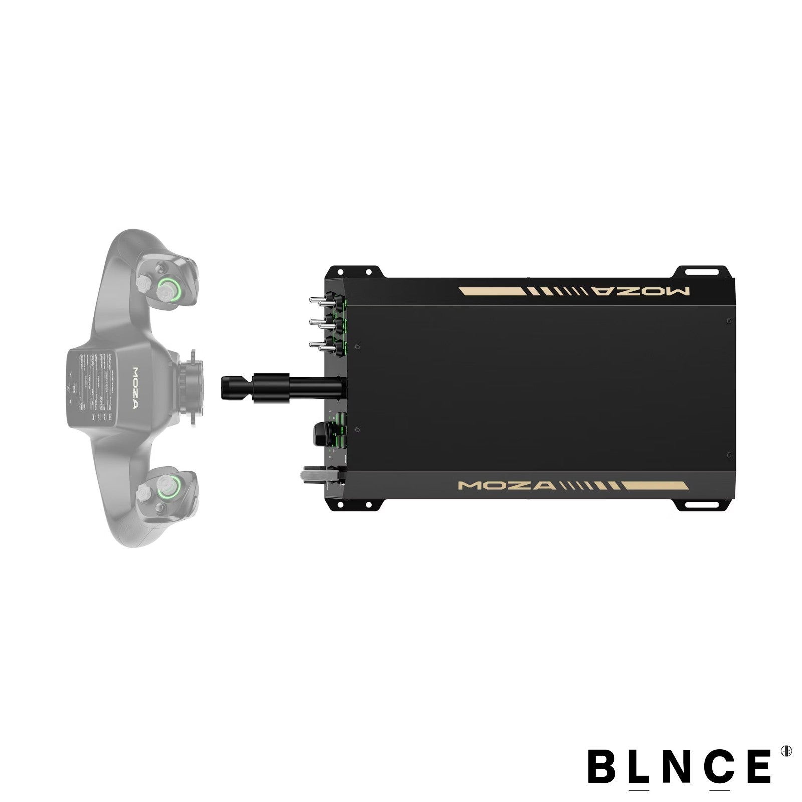 MOZA AY210 force feedback yoke base rear view with yoke attachment connector port and MOZA branding