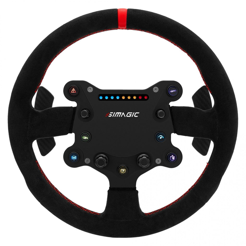 Simagic GTS Alcantara sim racing steering wheel front view showing alcantara grip and GT-style shape