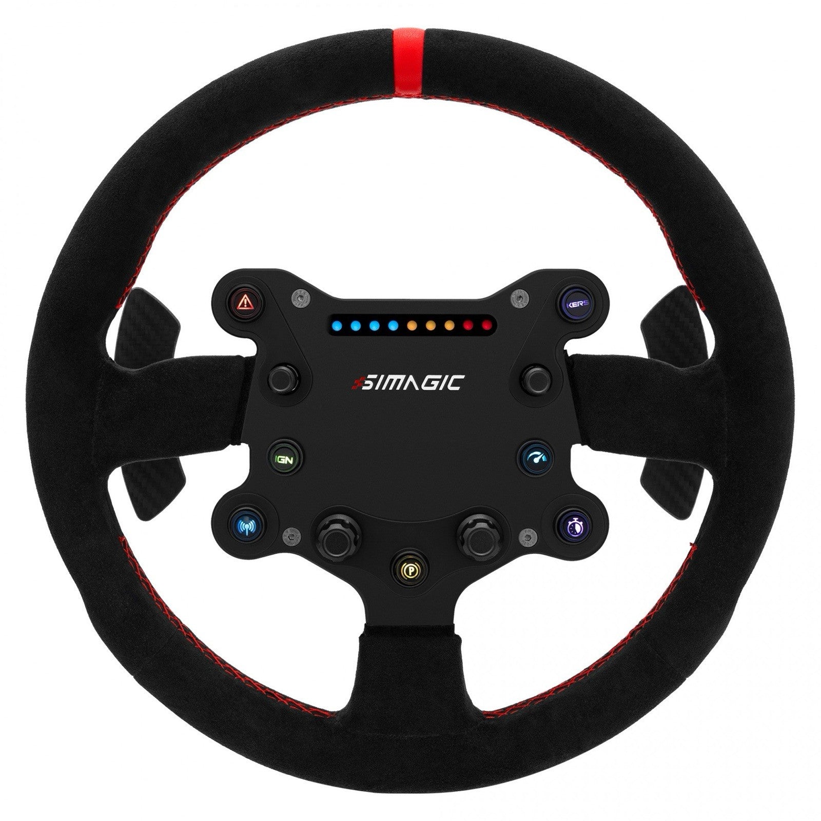 Simagic GTS Alcantara sim racing steering wheel front view showing alcantara grip and GT-style shape